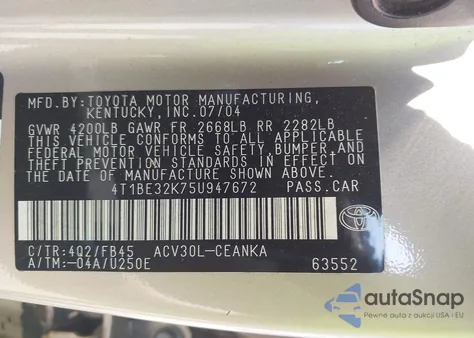 2005 Toyota Camry Le z USA, uszkodzony, nr VIN 4T1BE32K75U947672